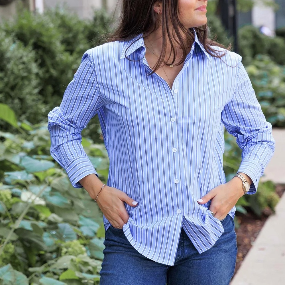 NWT Voyageur by MERSEA Margot Button Up Shirt in Blue/White Stripe- Small